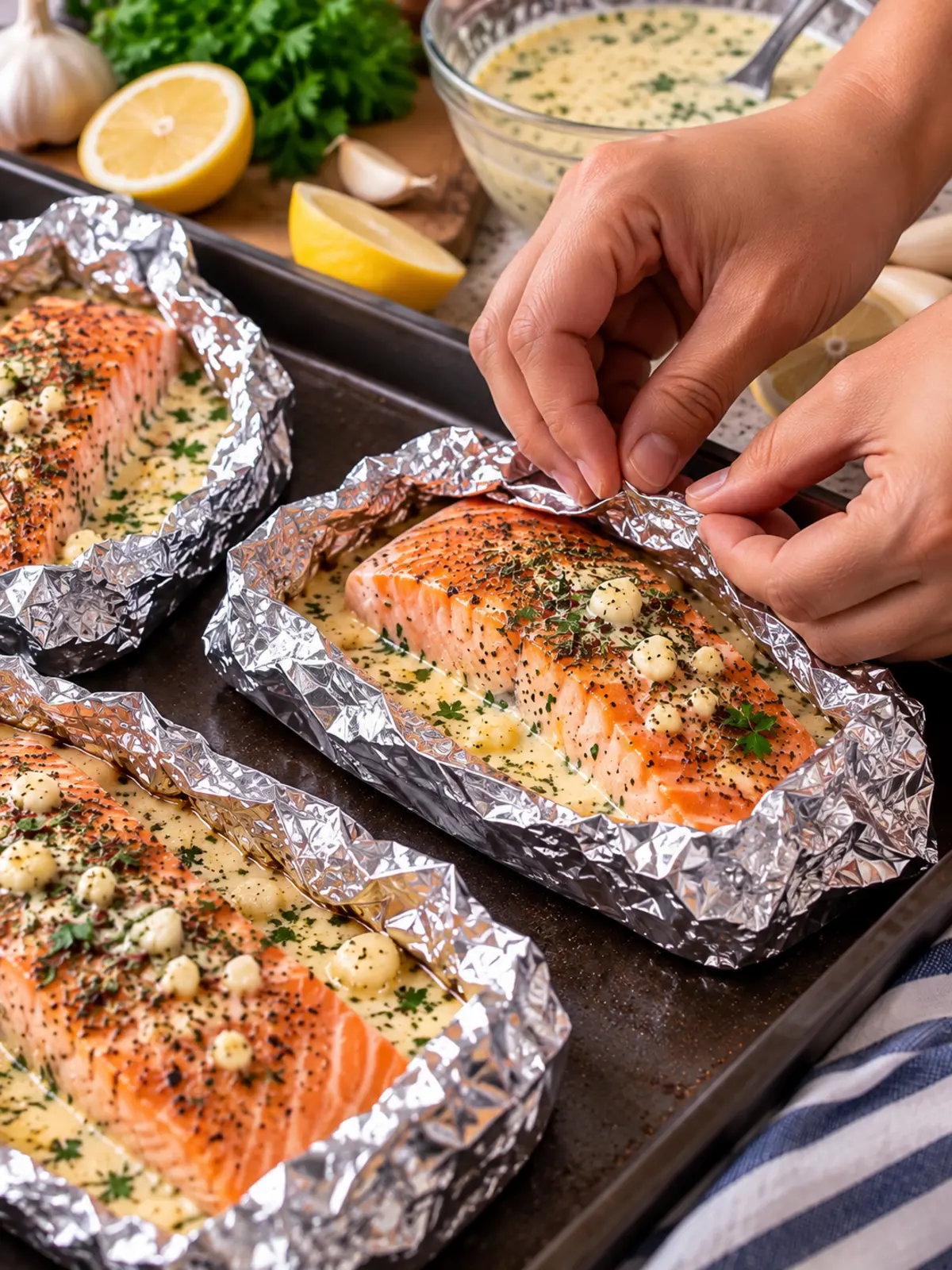 Garlic Herb Seafood Foil Packs with Salmon Steaks — process