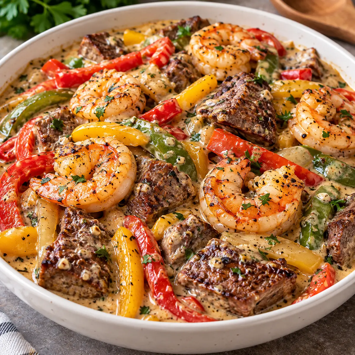 Garlic Shrimp and Peppers in Creamy Garlic Sauce — featured