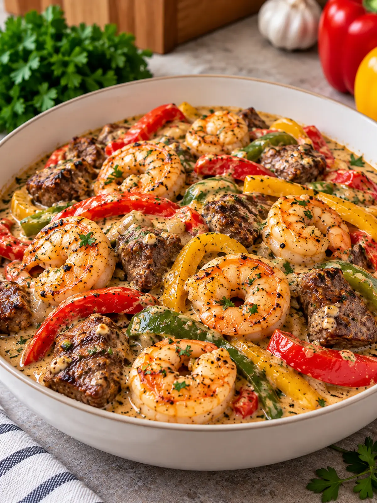 Garlic Shrimp and Peppers in Creamy Garlic Sauce — finished-dish