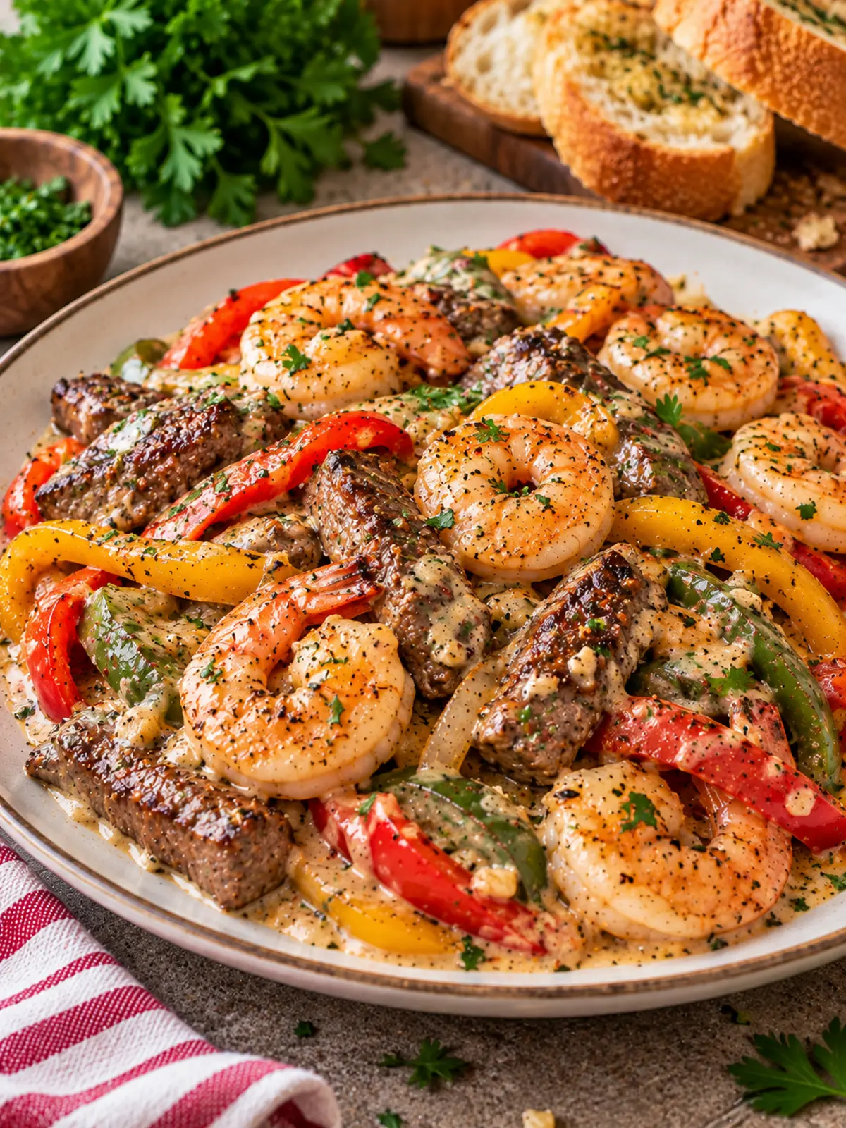 Garlic Shrimp and Peppers in Creamy Garlic Sauce — finished-dish