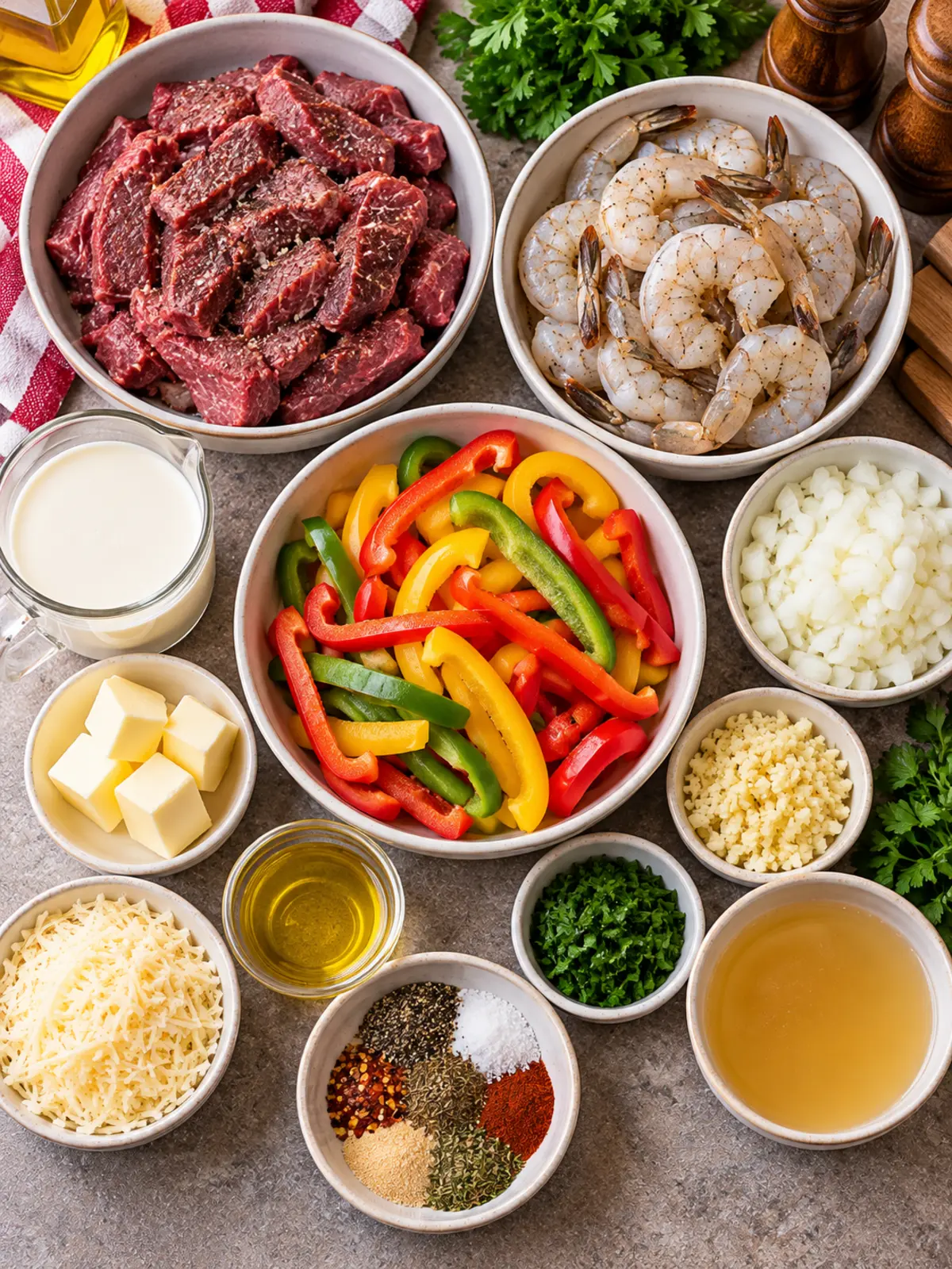 Garlic Shrimp and Peppers in Creamy Garlic Sauce — ingredients-flat-lay