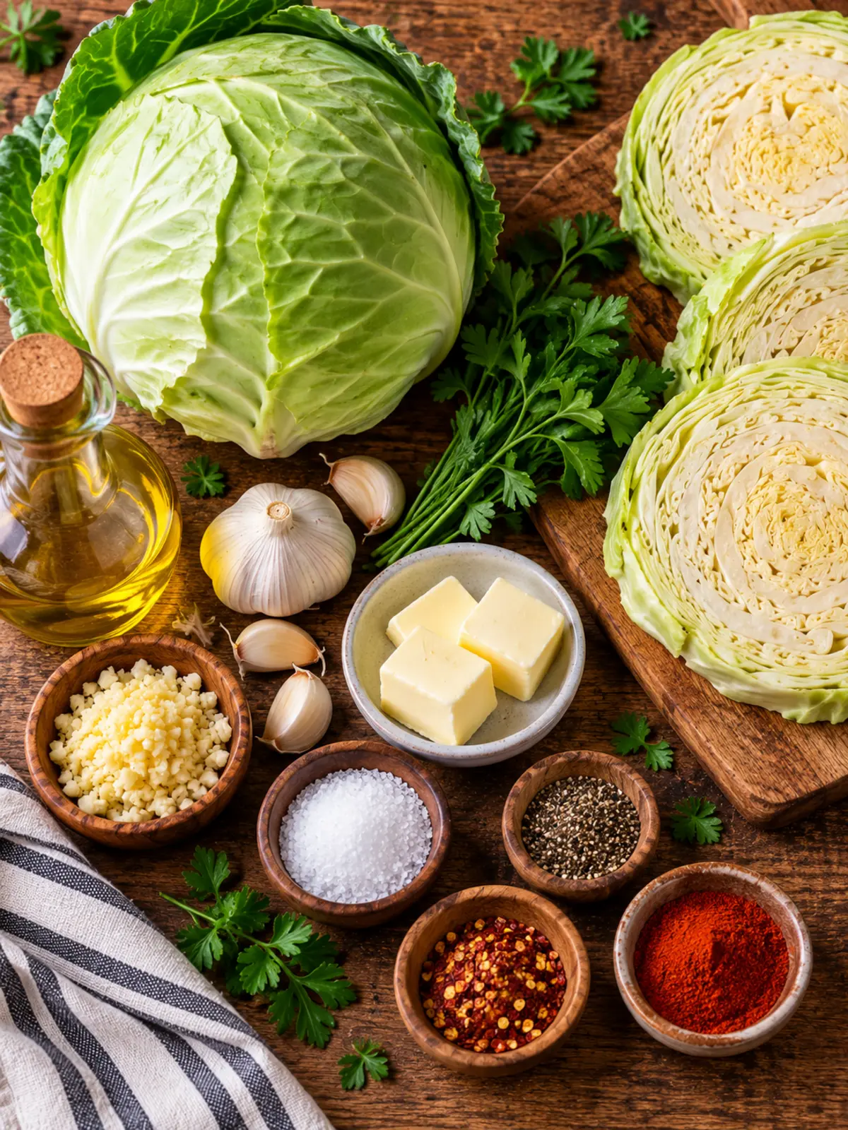 Grilled Cabbage Steaks with Garlic Butter — ingredients flat-lay