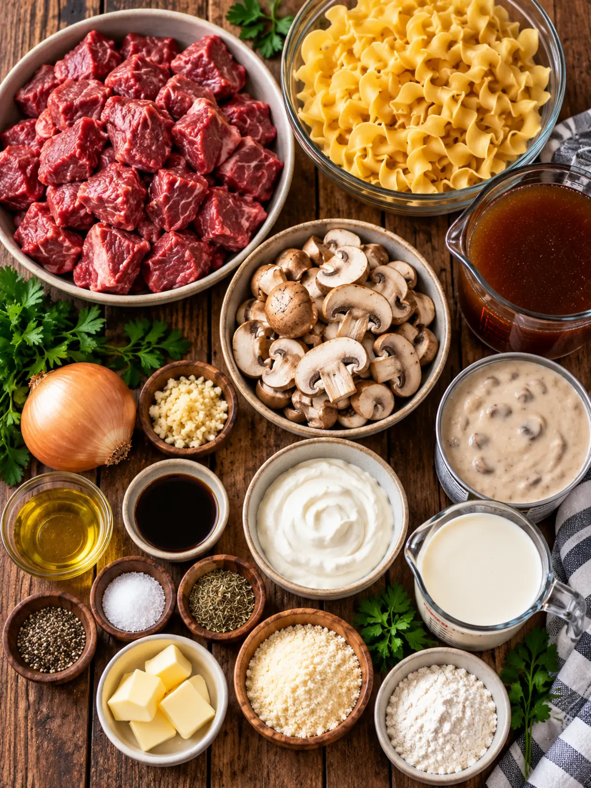 Hearty Beef Tips and Noodles in Creamy Gravy — ingredients flat-lay