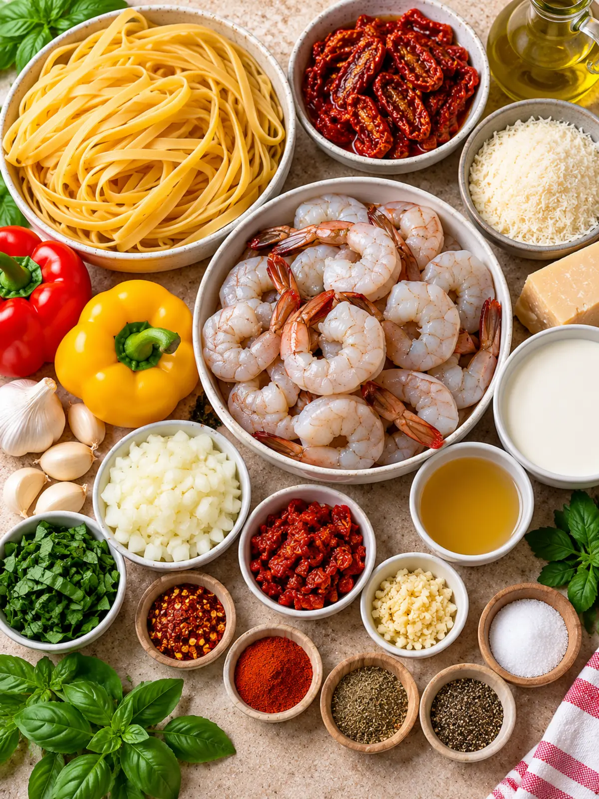 Marry Me Shrimp Pasta — ingredients flat lay