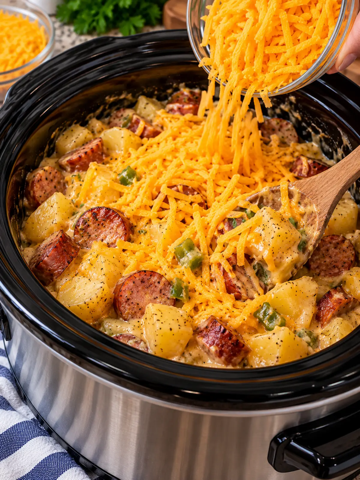 Mississippi Kielbasa and Cheesy Potatoes — adding cheese