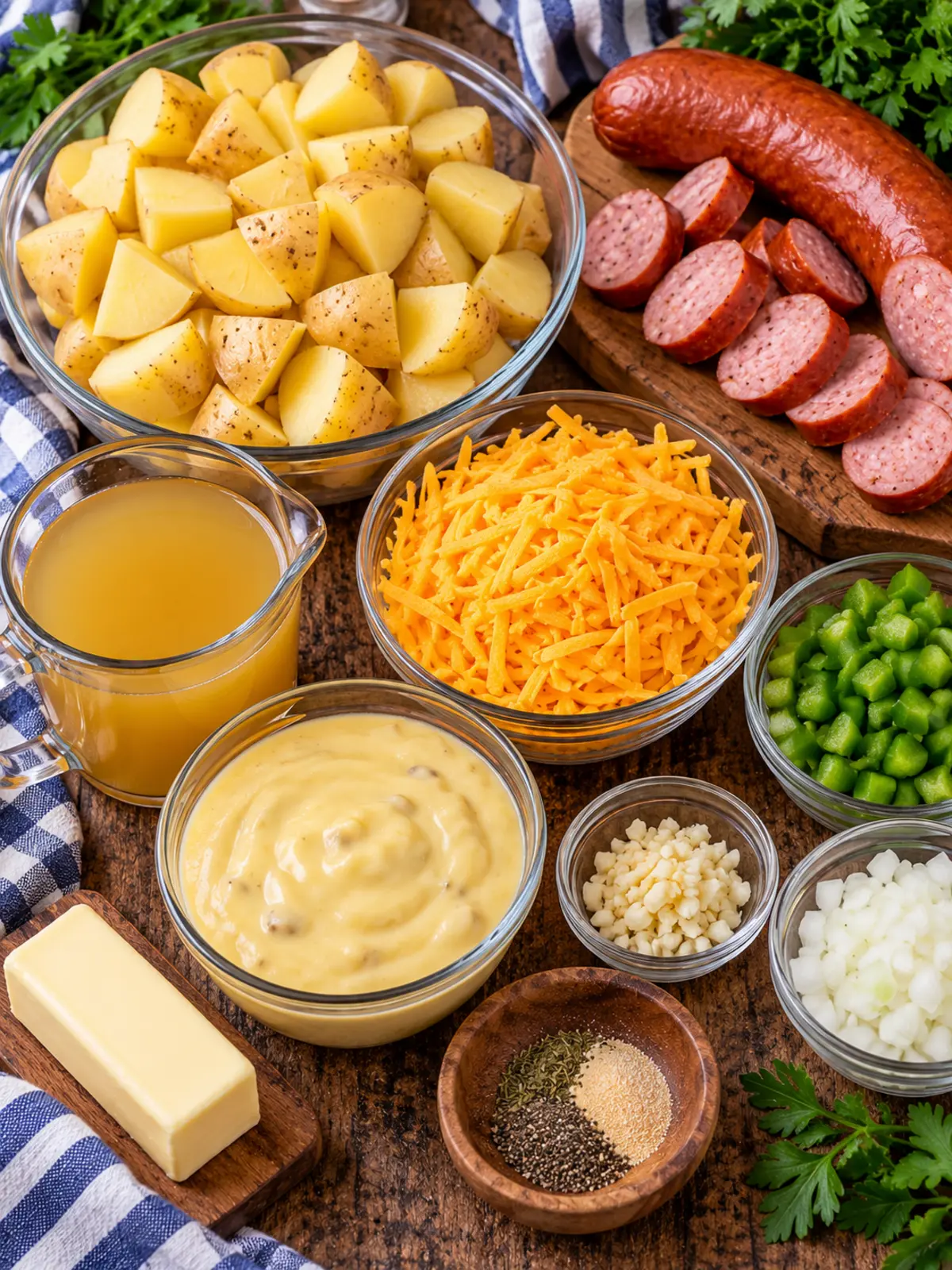 Mississippi Kielbasa and Cheesy Potatoes — ingredients flat lay