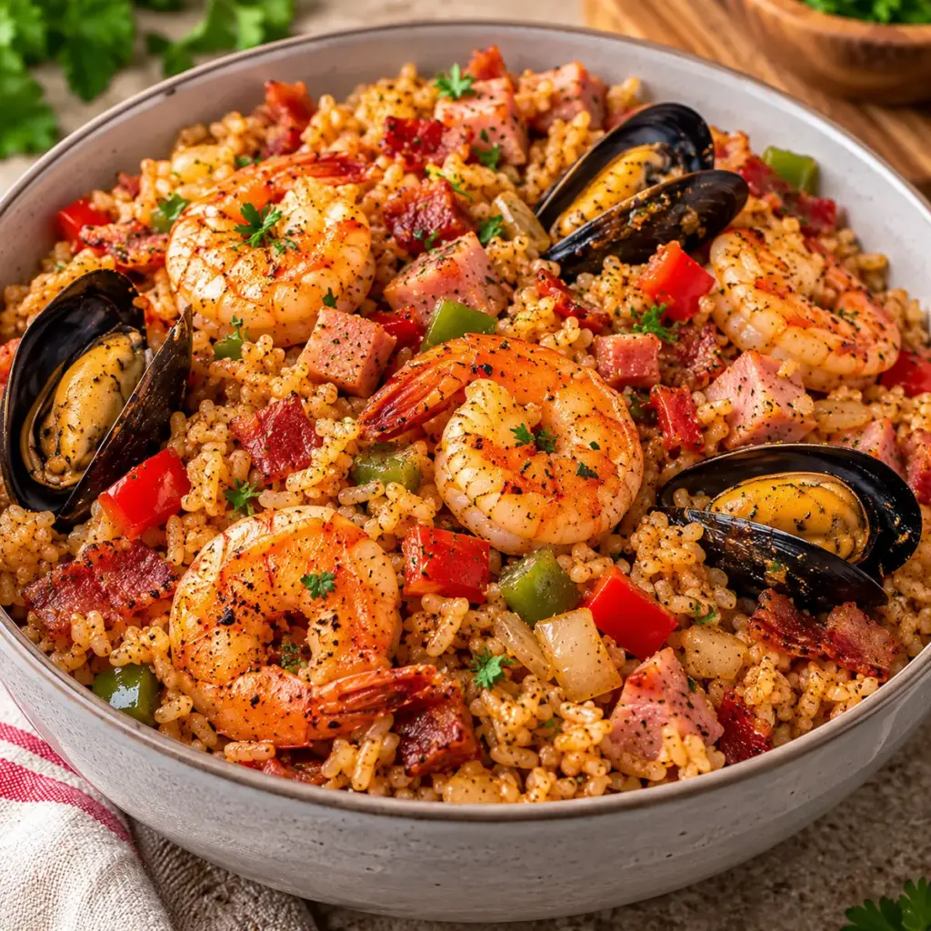 Seafood Dirty Rice with Turkey Bacon and Chicken Ham — featured