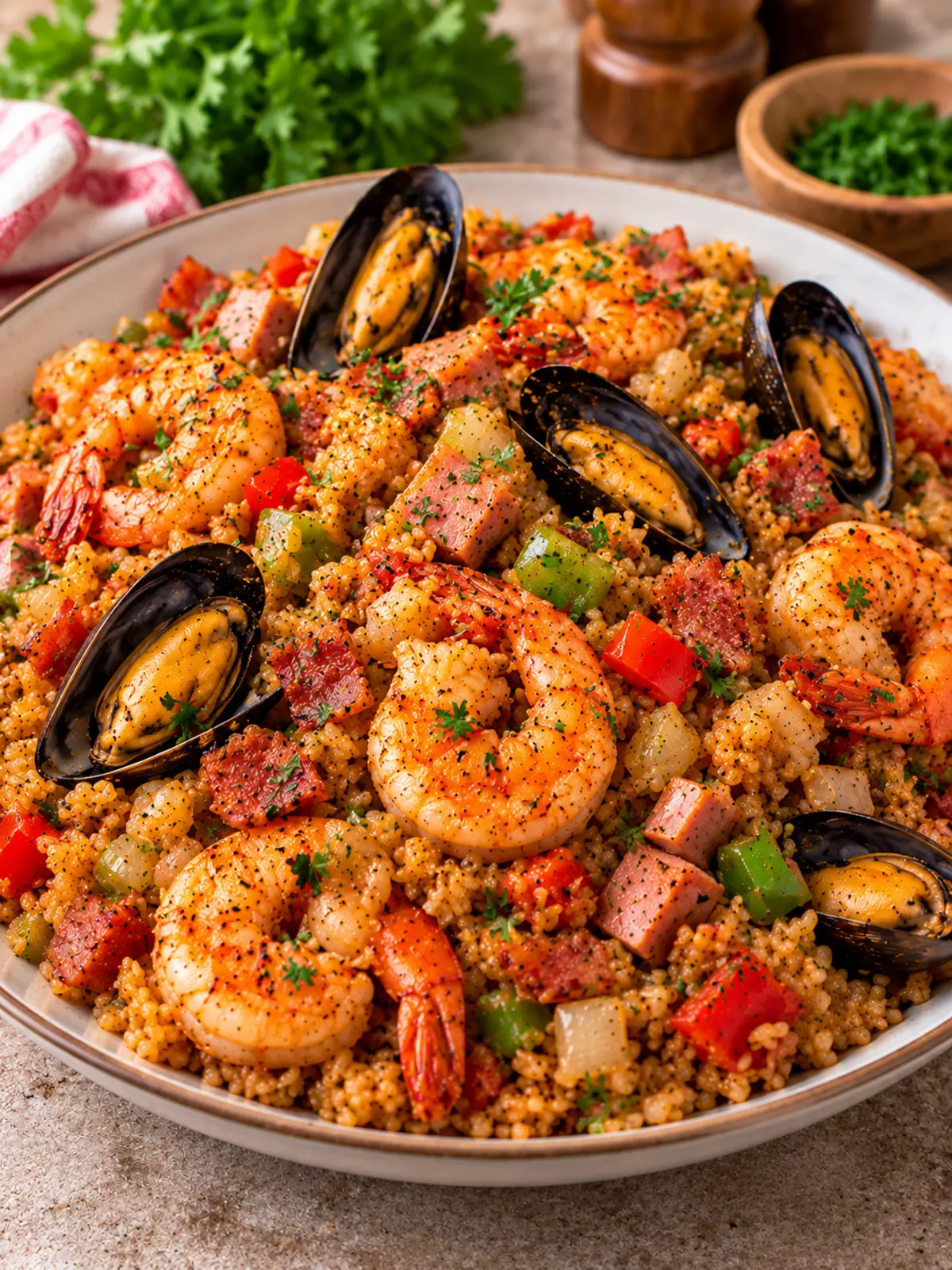 Seafood Dirty Rice with Turkey Bacon and Chicken Ham — finished dish