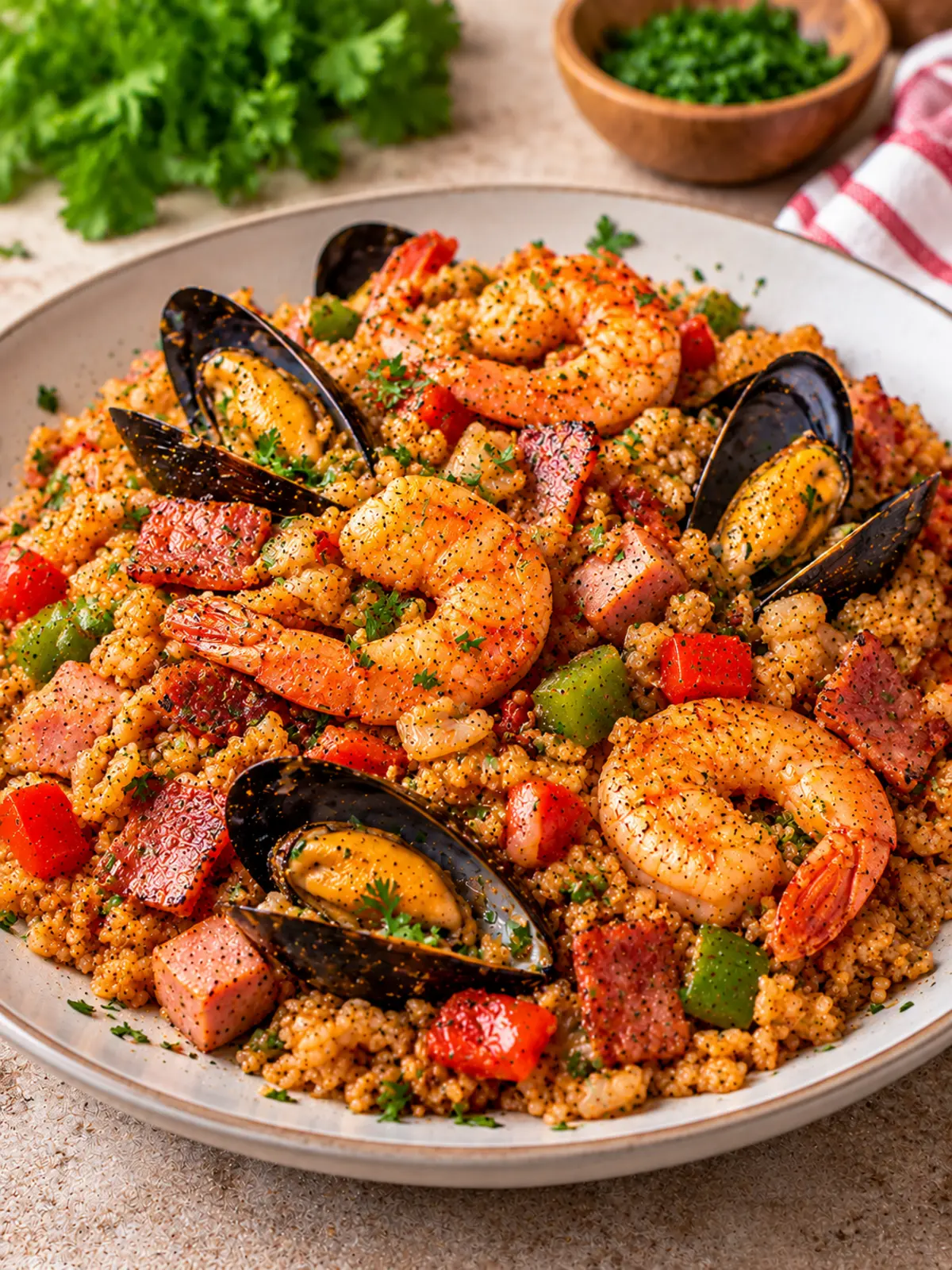 Seafood Dirty Rice with Turkey Bacon and Chicken Ham — finished dish