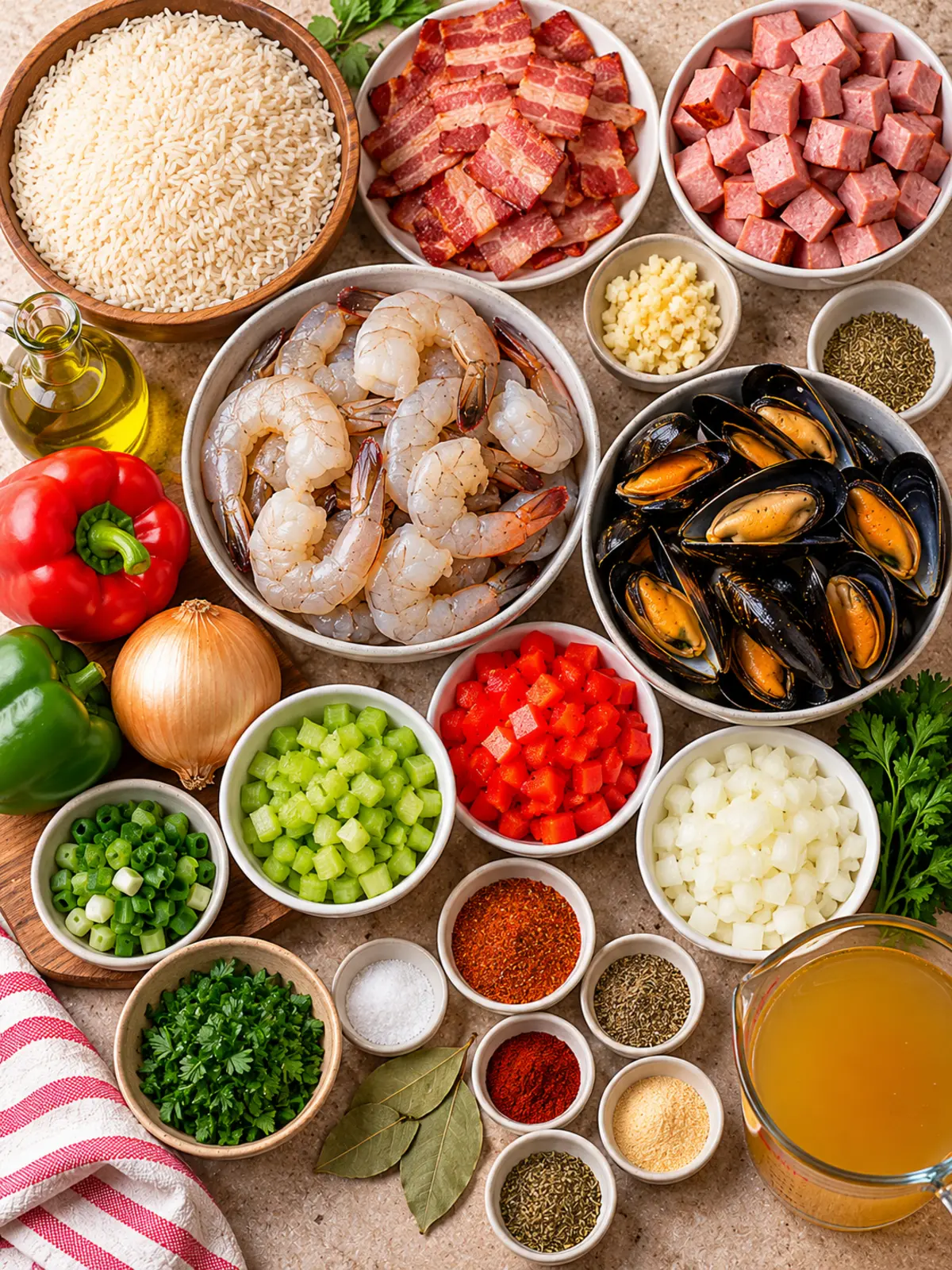 Seafood Dirty Rice with Turkey Bacon and Chicken Ham — ingredients flat lay