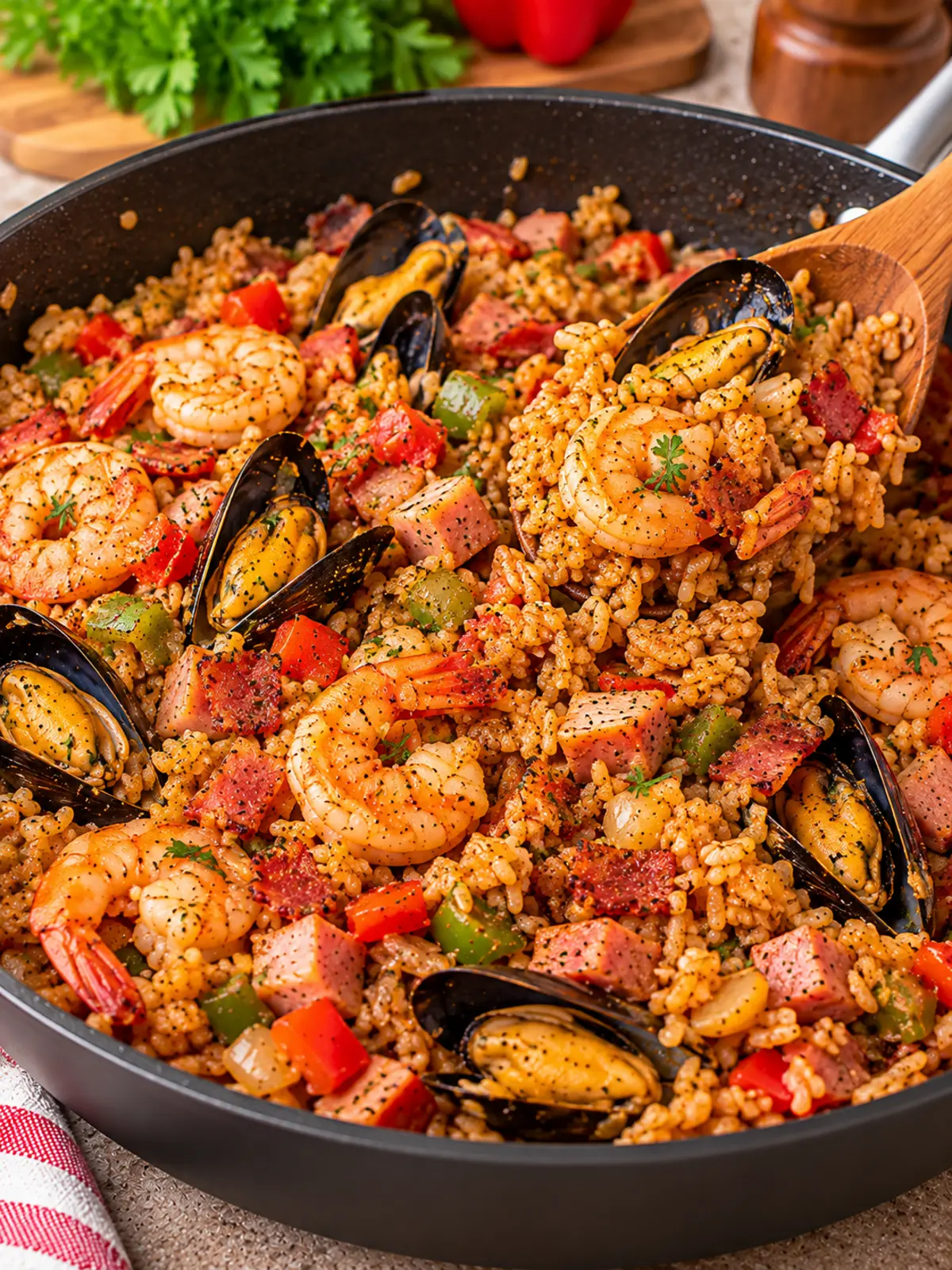 Seafood Dirty Rice with Turkey Bacon and Chicken Ham — process