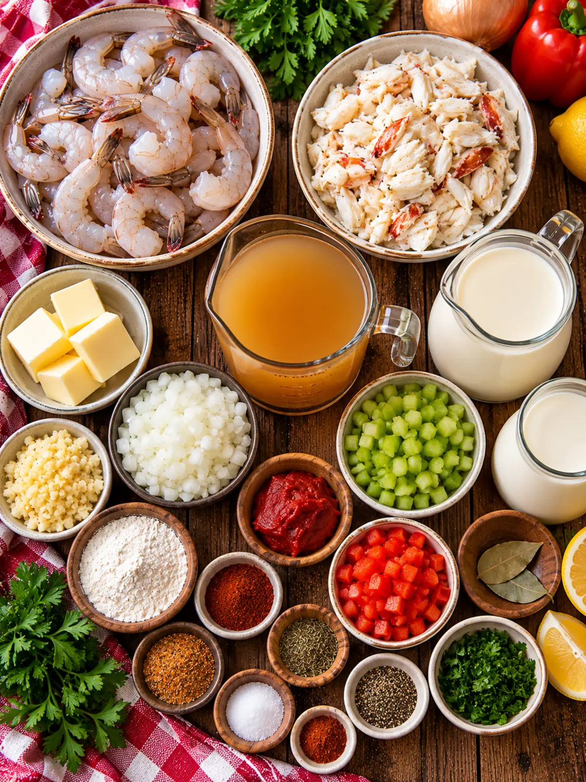 Shrimp and Crab Bisque for a Cozy Dinner — ingredients flat lay